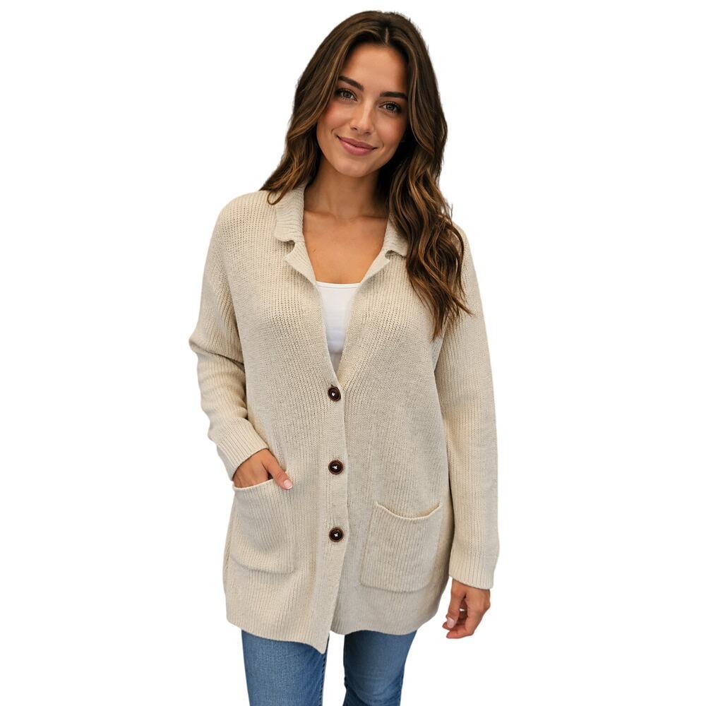 Old money silk blend neutral knit career minimalist cardigan sweater S PETITE SP